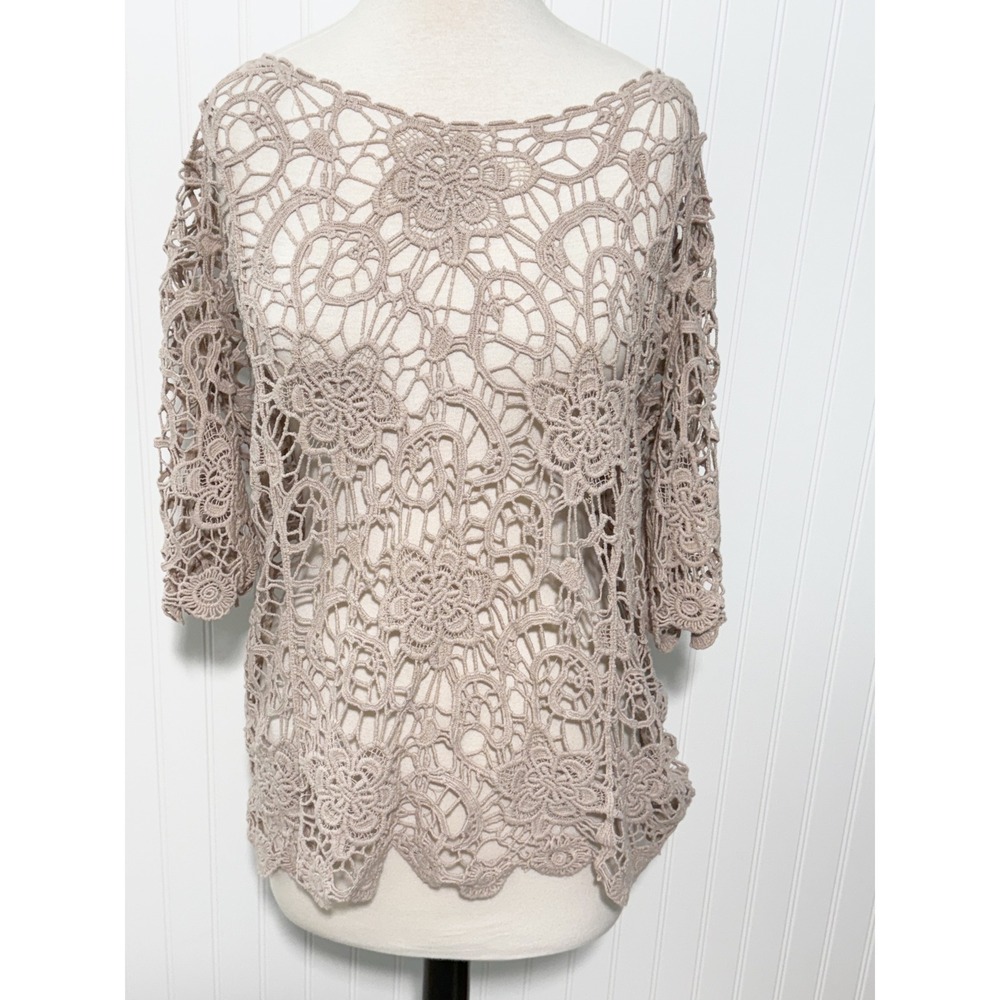 Umgee‎ Crochet Knit Top Cream Beige Medium Bohemian Cottagecore 3/4 Sleeve